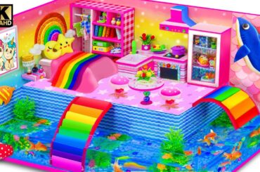 DIY Miniature House| Make Aquarium Around Mini Pink House With Rainbow Unicorn Slide from Cardboard