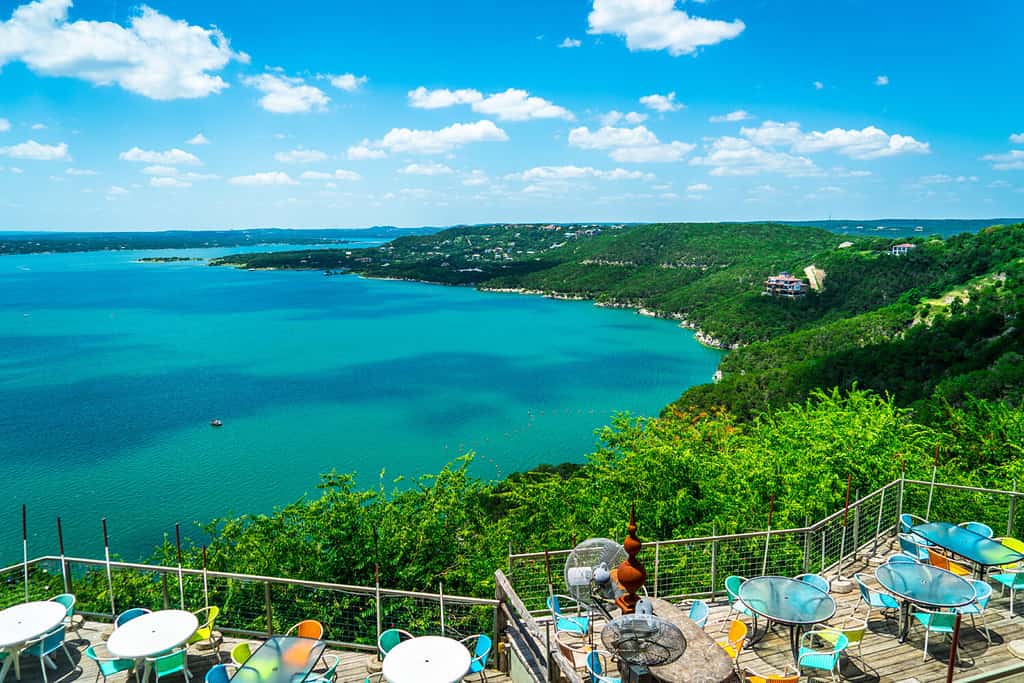 green summer landscape at the lake , Travis lake landscape lake relaxing overlook view of the central Texas hill country outside of Austin Texas USA