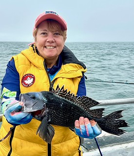 Woman on a boat on the ocean, holding a fish